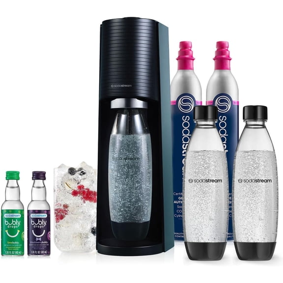 Terra Sparkling Water Maker VALUE BUNDLE CQC CO2 system Includes 2x CO2 Cylinders 3x 32 Fl Oz Dishwasher Safe Bottles 2x Bubly Flavor Drops Combine with Pepsi Flavors Black