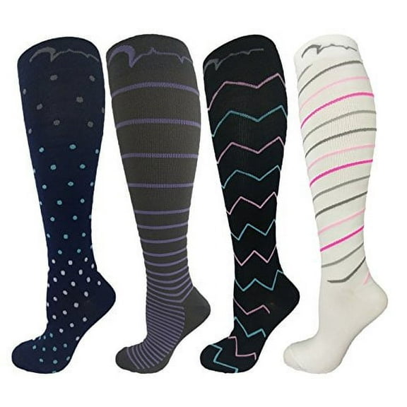 4 Pair Large/X-Large Colorful Compression Sock (Fits Large Calves!) Medium Graduated Compression 15-20 mmHg, For Men and Women. Therapeutic, Occupational, Travel & Flight Knee-High Hosiery. (1st) US