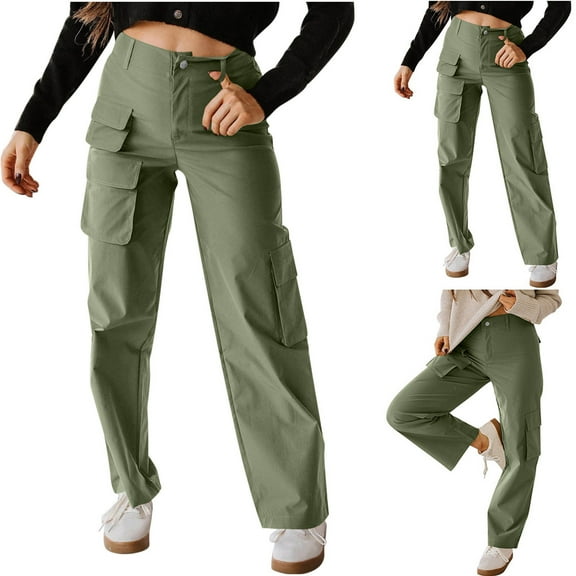Htigea Womens Pants Wide Leg Cargo Pants Women High Waisted Pants with 6 Pockets Stretchy Y2K Streetwear Casual Trousers Today Sales Army Green,L