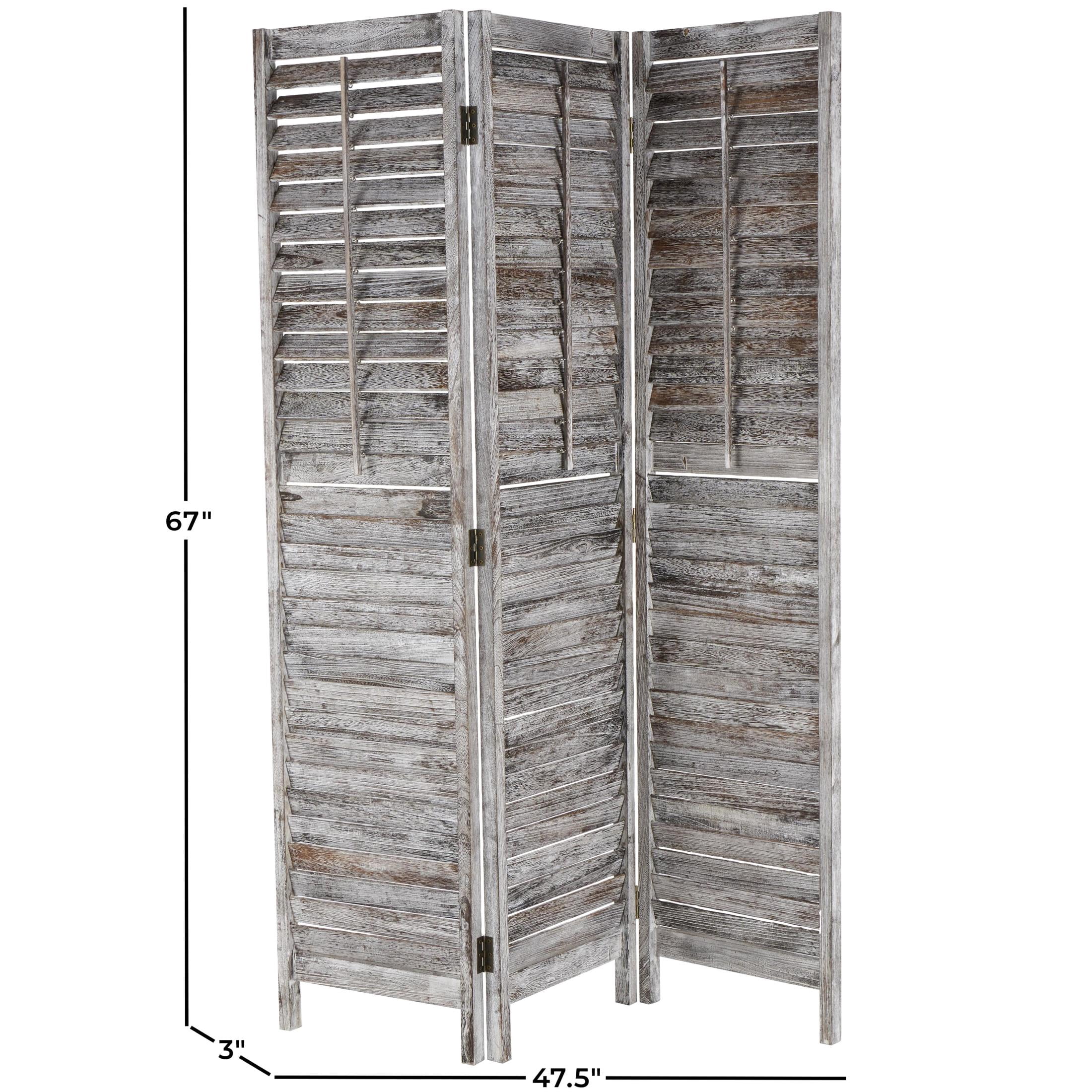 DecMode 48" x 67" Gray Wood Distressed Shutter Top 3 Panel Room Divider Screen with Brown Accents, 1-Piece