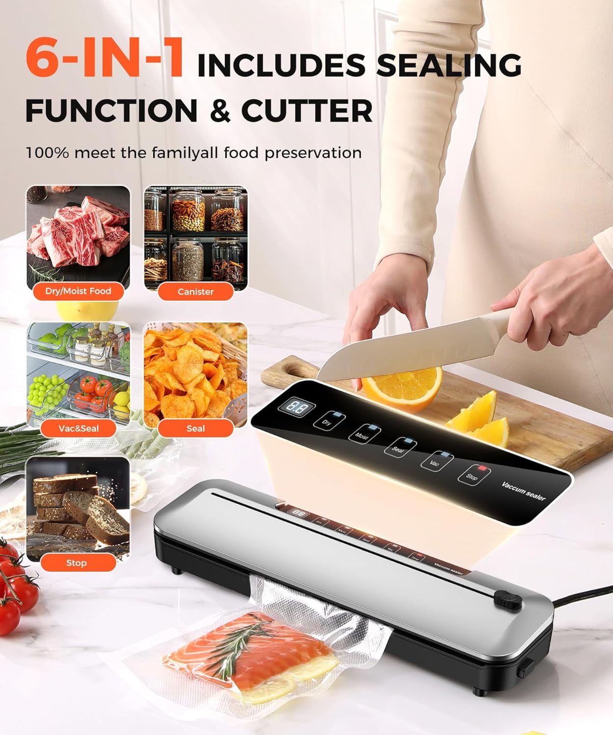 Vacuum Sealer Machine,75Kpa Precision Suction Power 6-in-1 Food Sealer with Digital Timer, Dry & Moist Food Modes, Compact Design with 10 Vacuum Bags & Bulit-in Cutter