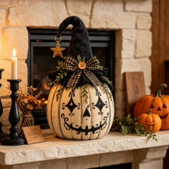Halloween Tabletop Centerpiece Decor, Rustic Jack‑o‑Lantern Pumpkin Figurine with Witch Hat & Plaid Bow, Farmhouse Fall Harvest Ornament for Home Shelf Mantel Countertop