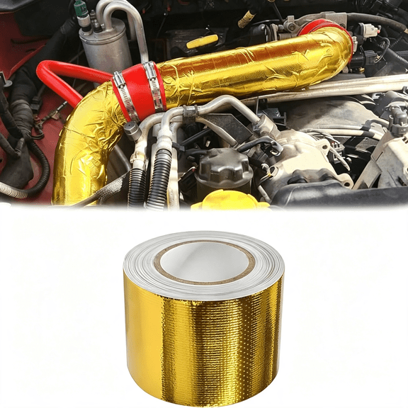ICERUN 2" X 32.8 Feet Gold Adhesive Heat Shield Reflective Tape,10M Aluminized Fiberglass High-Temperature Thermal Barrier Wrap Roll,Auto Heat Insulation Tape for Intake Pipe,Engine Bay
