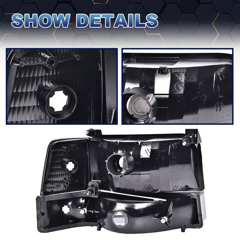 PIT66 Headlights HeadLamps w/Corner Signal Bumper Lamps Clear Lens Black Housing Clear Reflector Fit for 92-96 Ford F150/250/350 Bronco