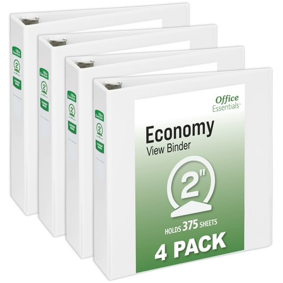 Office Essentials Economy View 3 Ring Binders, 2" Round Rings, 2.8" Spine, 375-Sheet Capacity, White Binders (4-Pack of 03146)