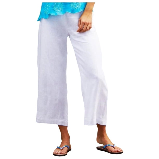 Gibobby Pantalones de Casuales para Mujer Pantalones cortos de pierna ancha informales sueltos de algodón y lino de color liso para mujer (Blanco, M)