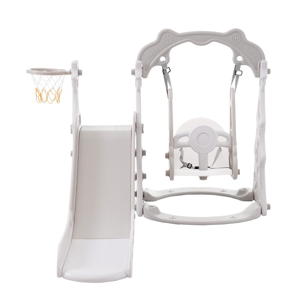 Ecarpat Slide and Swing Set 3 in 1 with Basketball Hoops for Toddler Kids, Indoor & Outdoor, Grey
