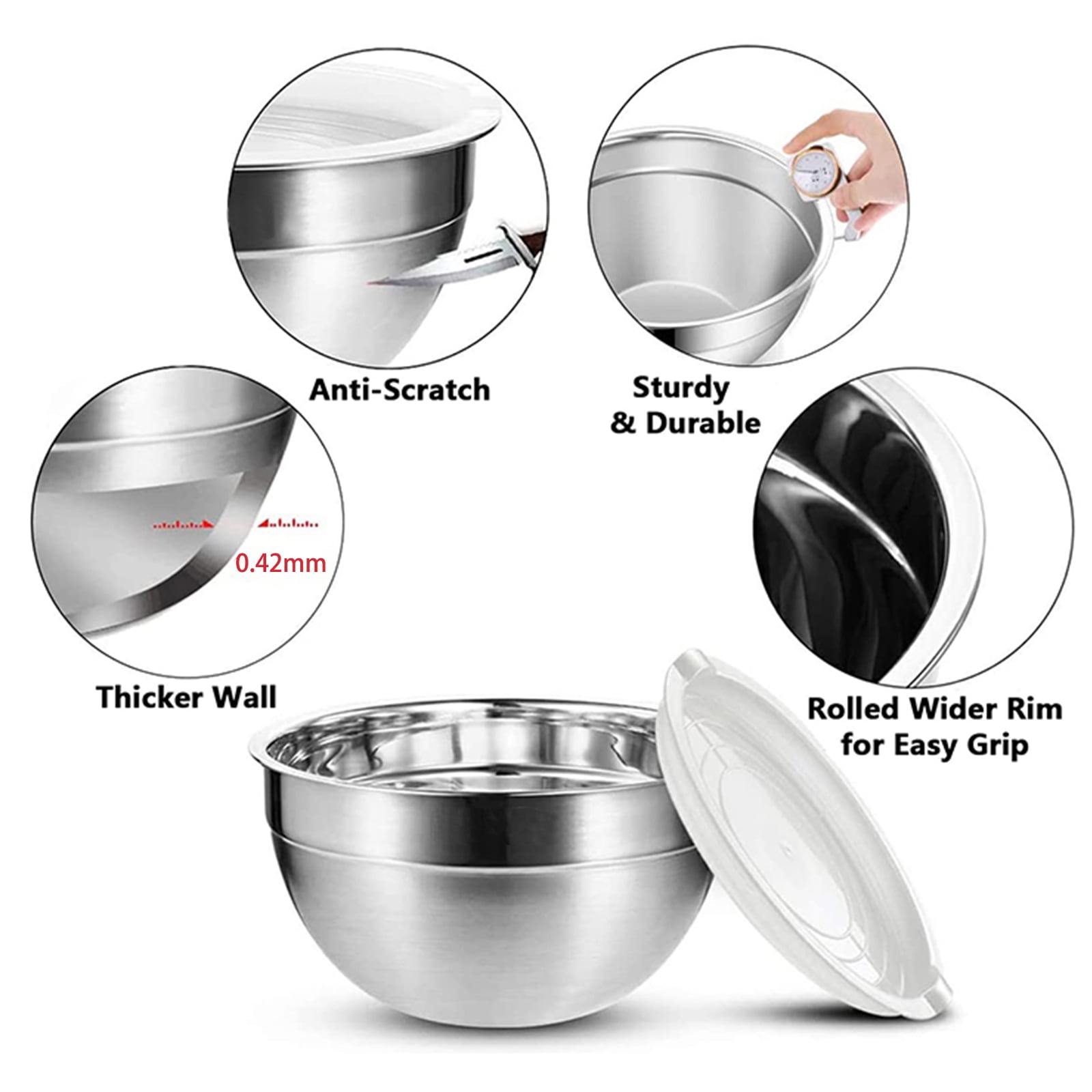 WhiteRhino 6 Pack Stainless Steel Mixing Bowls Set ,Kitchen Metal Meal Prep Bowls with Lids for Baking,Cooking,Serving