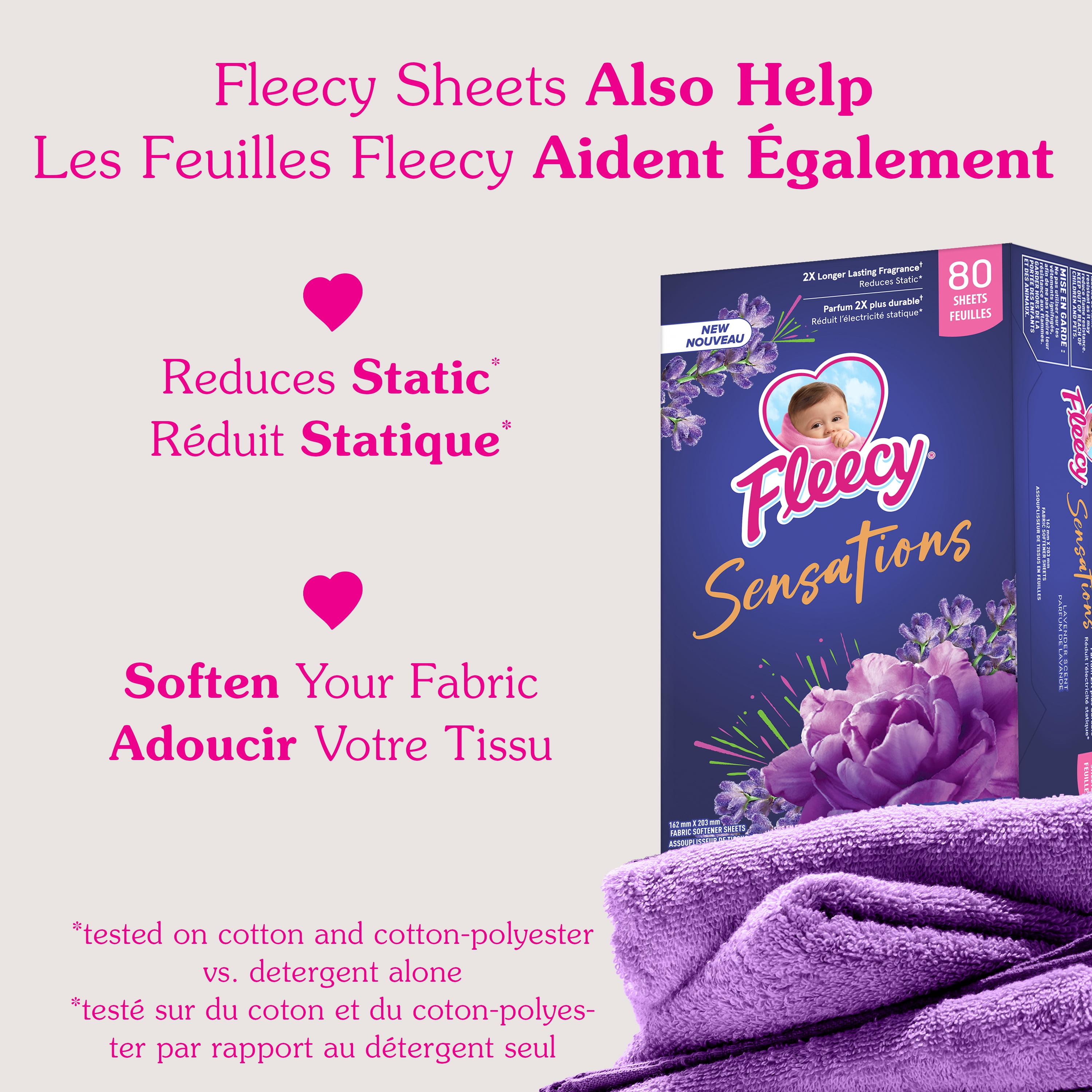Fleecy Sensations Feuilles Assouplissantes pour Sécheuse, Parfum Lavande, 80 feuilles