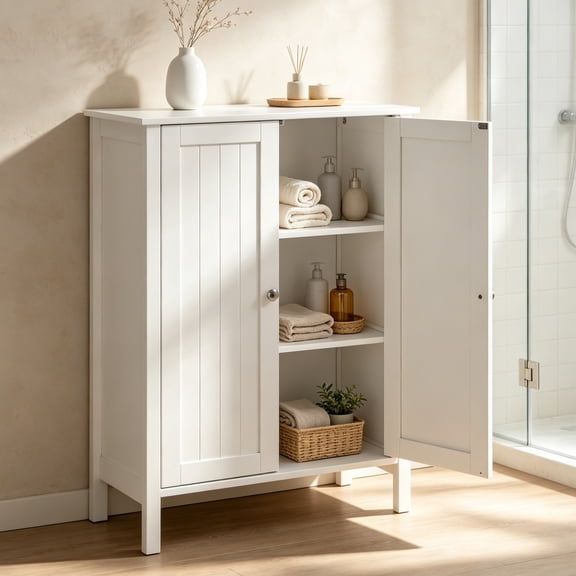 Ktaxon Bathroom Floor Cabinet Storage with 2 Doors and Adjustable Shelves, White Finish