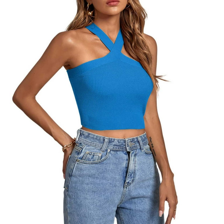 RQYYD Women's Basic Criss Cross Halter Neck Crop Tops Solid RQYYD Women's Basic Criss Cross Halter Neck Crop Tops Solid
