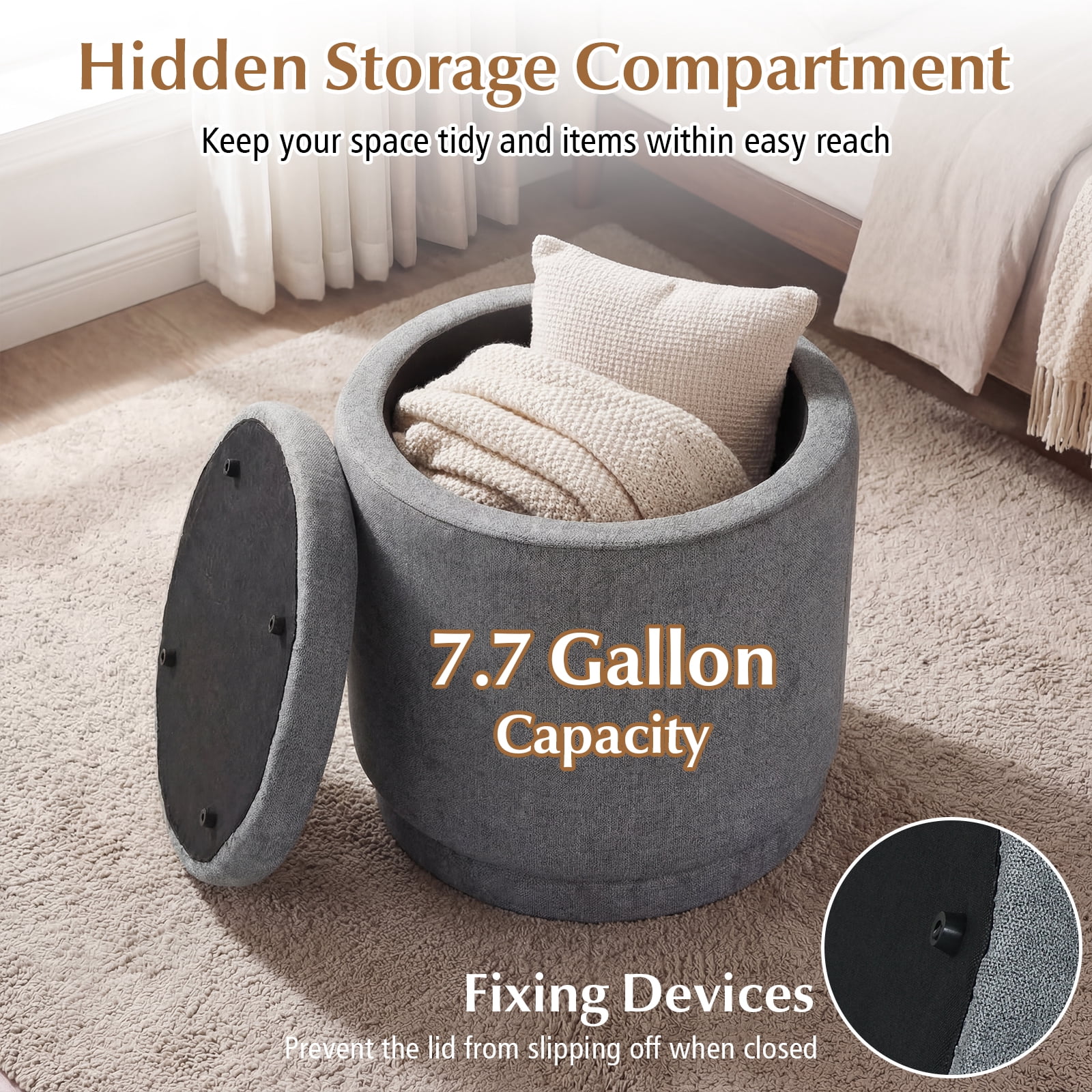 Costway Round Storage Ottoman Foot Rest with Removable Lid 400 LBS Weight Capacity for Home Gray