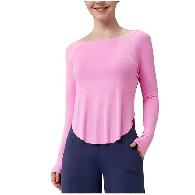 Timegard Hauts d'Entraînement pour Femmes Col Rond Manches Longues Hauts Courts T-Shirts de Course Athlétiques Irréguliers