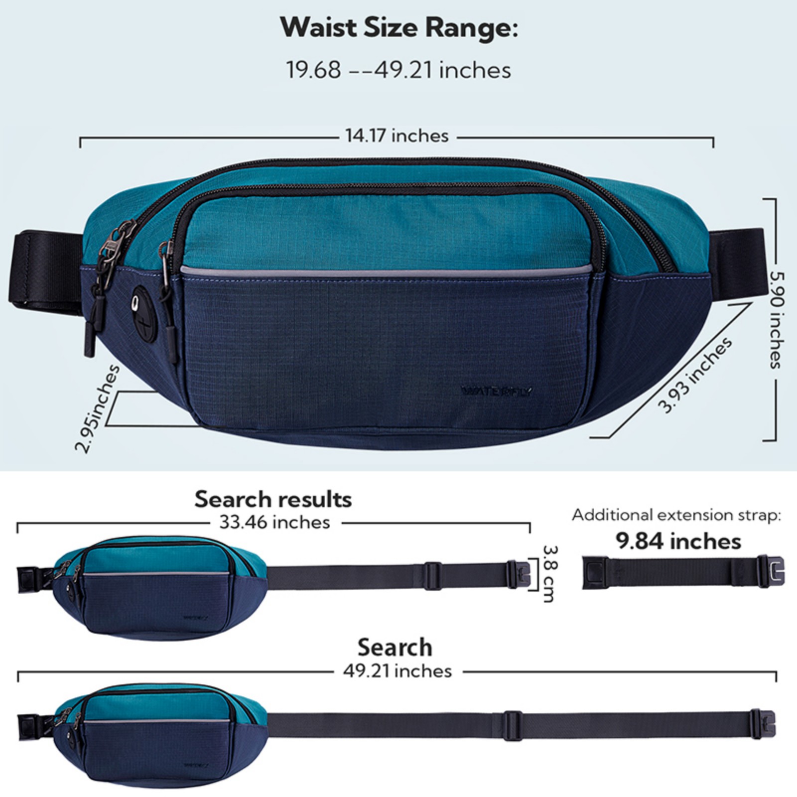 WATERFLY Unisex Hiking Walking Travel Nylon Fanny Pack Waist Bag,Dark Blue with Teal Blue