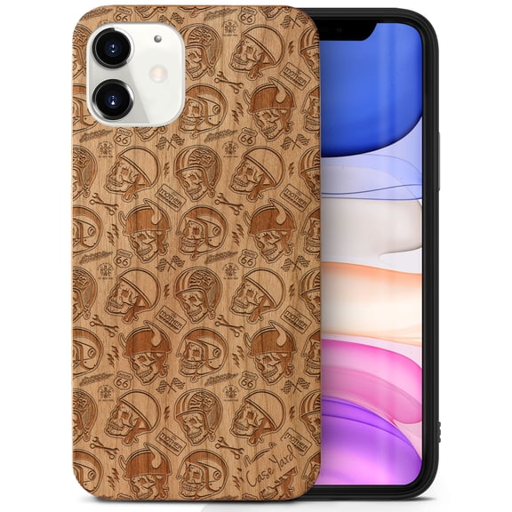 Case Yard Wooden Case Outside Soft TPU Silicone, Slim Fit Shockproof Wood Protective Phone Cover for Girls Boys Men and Women, Supports Wireless Charging Motor Skull Design case for iPhone-11