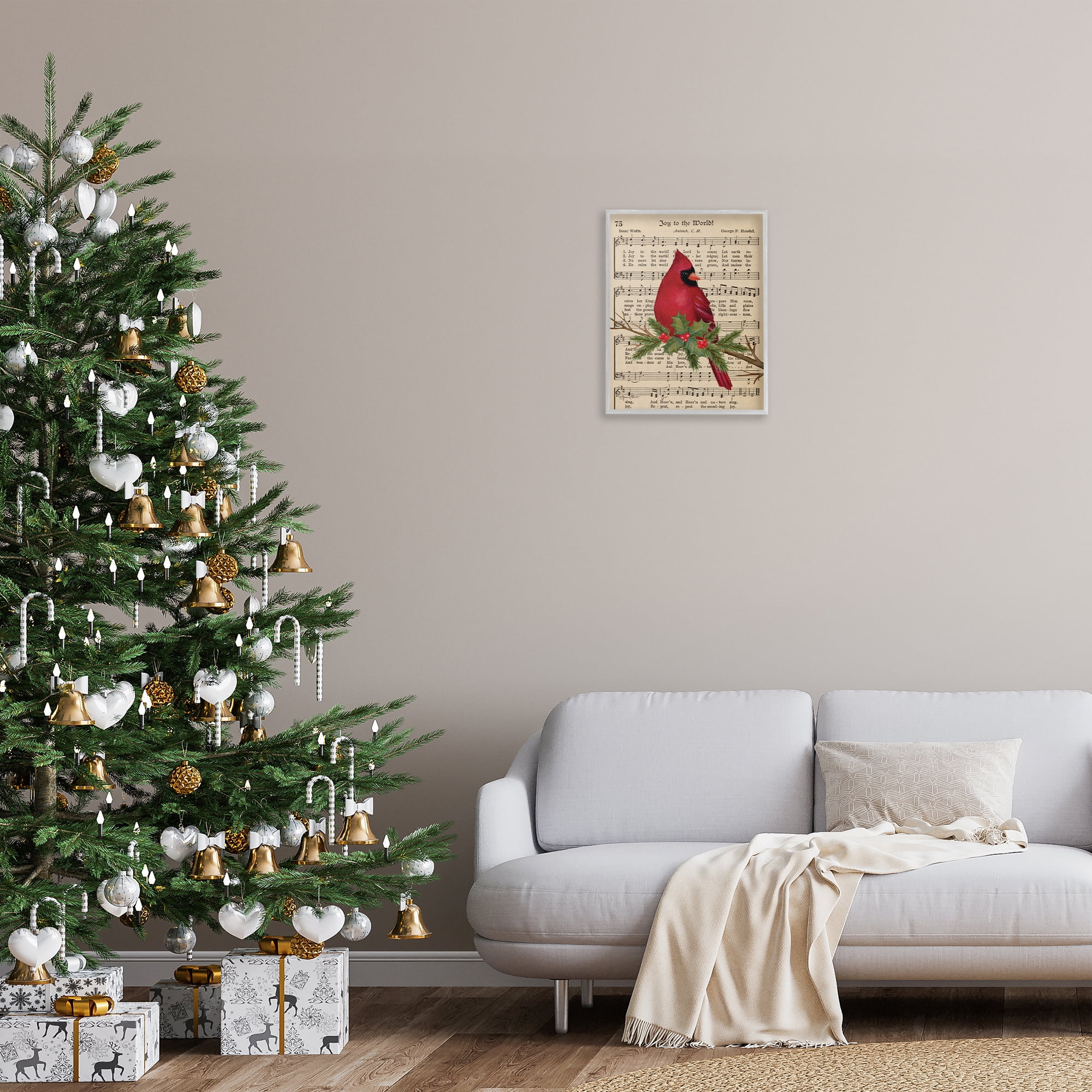 Stupell Industries Cardinal on Holiday Music Holiday Painting Gray Framed Art Prints Wall Art, 16 x 20