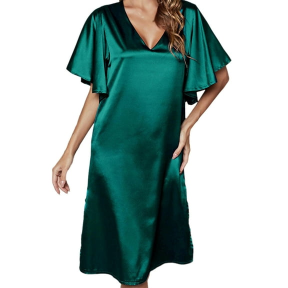 Women's Short Sleeve V Neck Sleepshirts Solid Silk Loose Homewear Sleepdress Plus Size Sleepwear Nightgowns Soft Sleepwear Pajama Dress