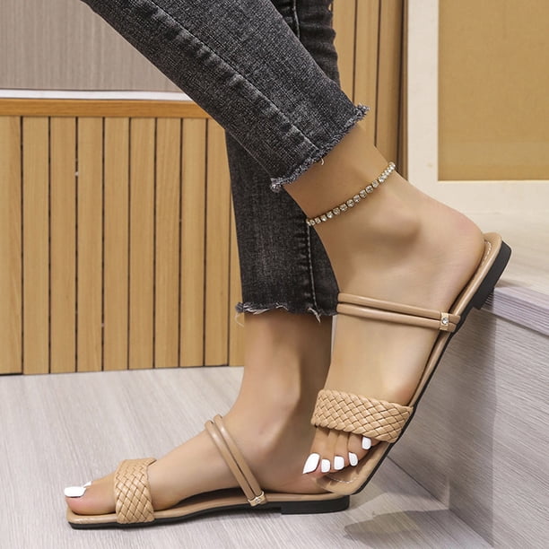 Zapatos de mujer de verano, elegantes tacones planos, informales, de Color sólido, sandalias sin cordones, zapatillas de ratán tejidas con punta cuadrada Wmkox8yii hj789