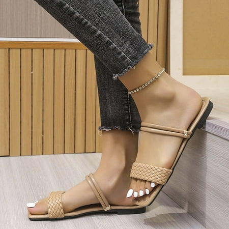 

Kukoosong Dressy Summer Womens Sandals Flip Flops Shoes Summer Elegant Flat Heels Casual Solid Color Slip-on Sandals Square Toe Weaving Rattan Slippers Coffee Size 39