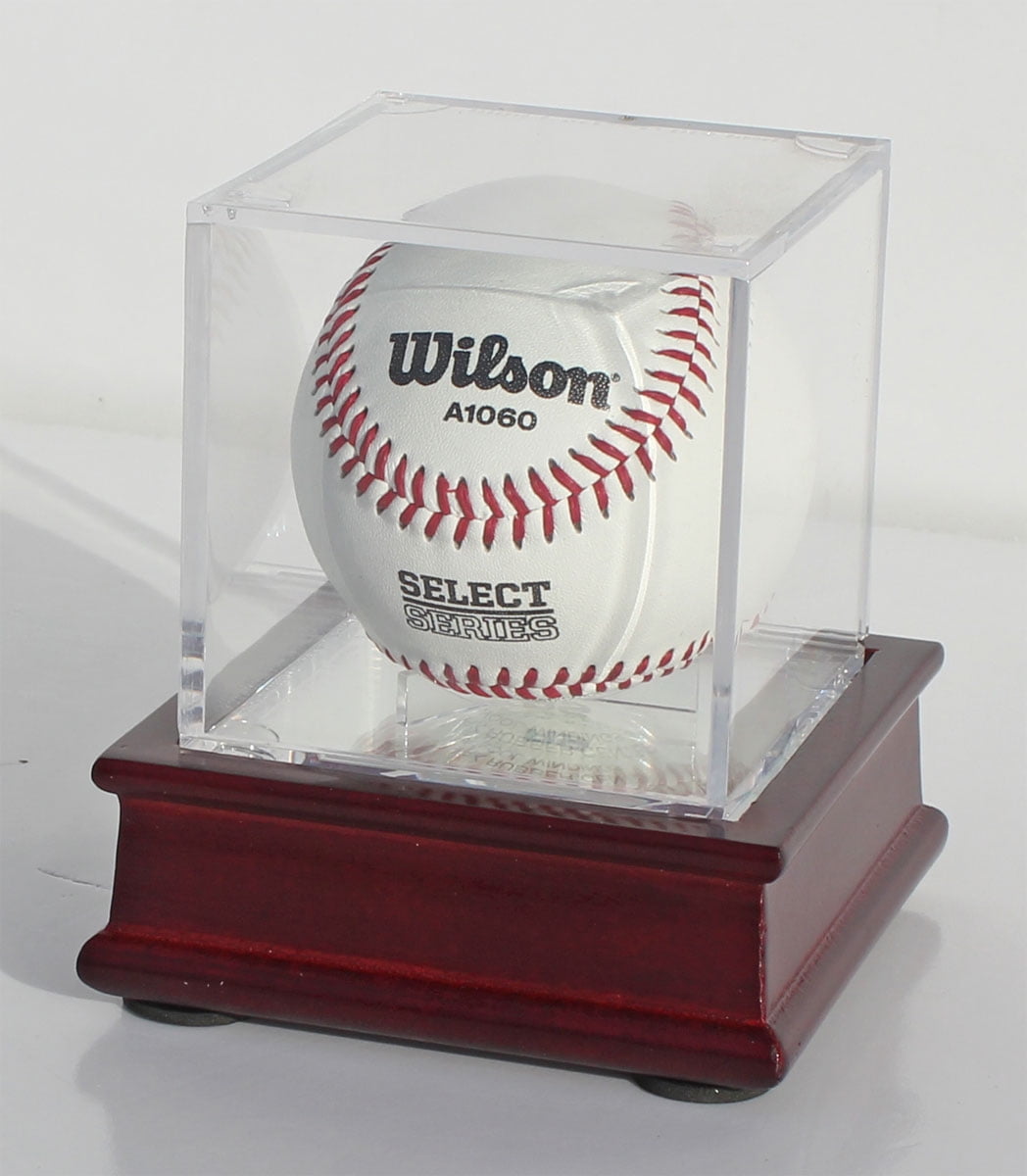 UV Pro Baseball Holder Cube Display Case and Wood Stand, Cherry, B03-CHE