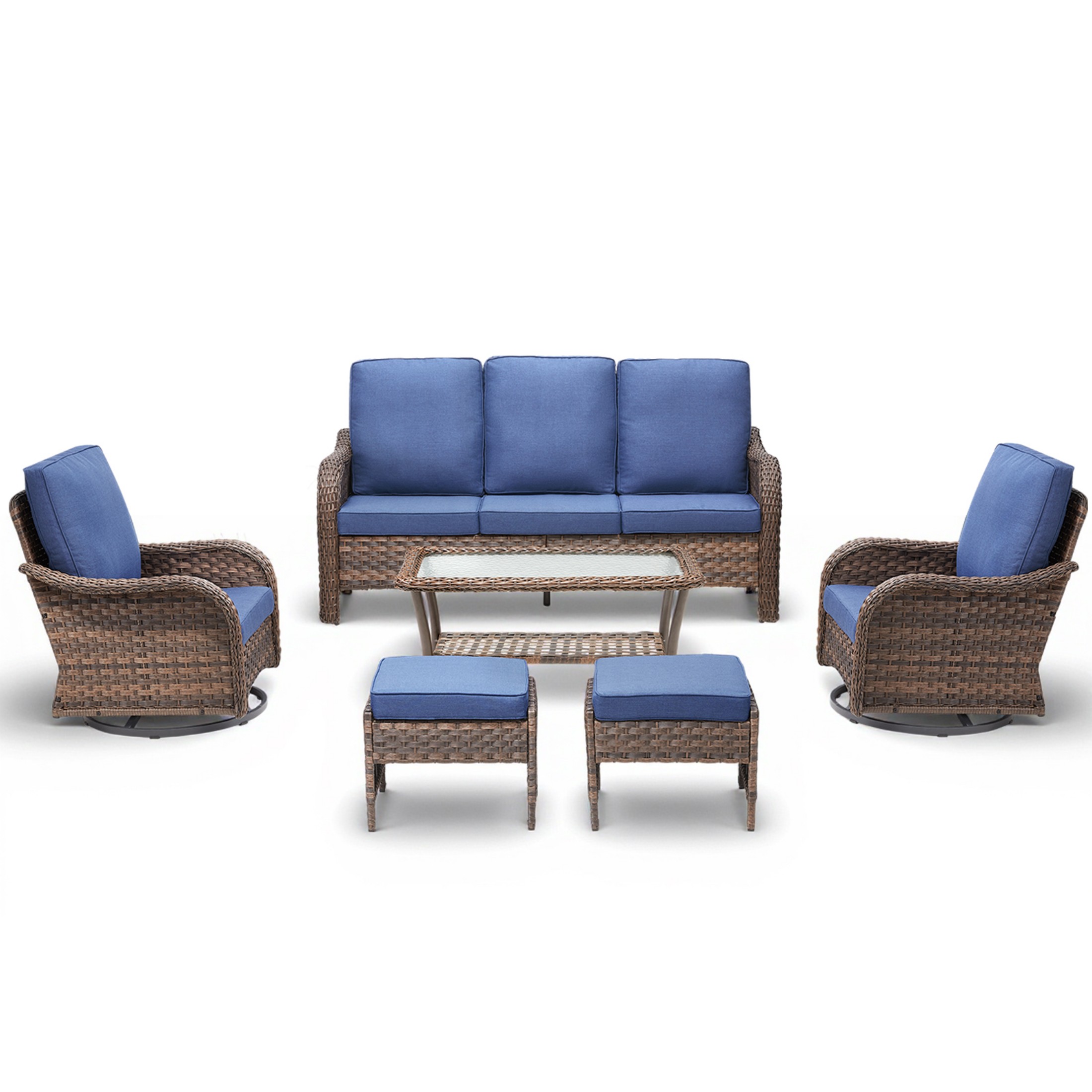 Unnifurnzi Outdoor Furniture-6 Pieces All Weather Wicker Patio Furniture Outdoor Swivel Chairs Set of 2 with Outdoor Couch Outdoor Patio Furniture Set for Porch Balcony Deck-Brown/Blue