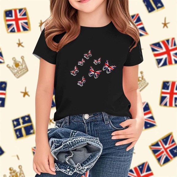 Awdenio Kids Girls Flag Butterflies Print Short Sleeve T-Shirt, Crew Neck Casual Tee ,Soft Top in Multi-Colors,for Patriotic Events and Everyday Wear,Size2-13