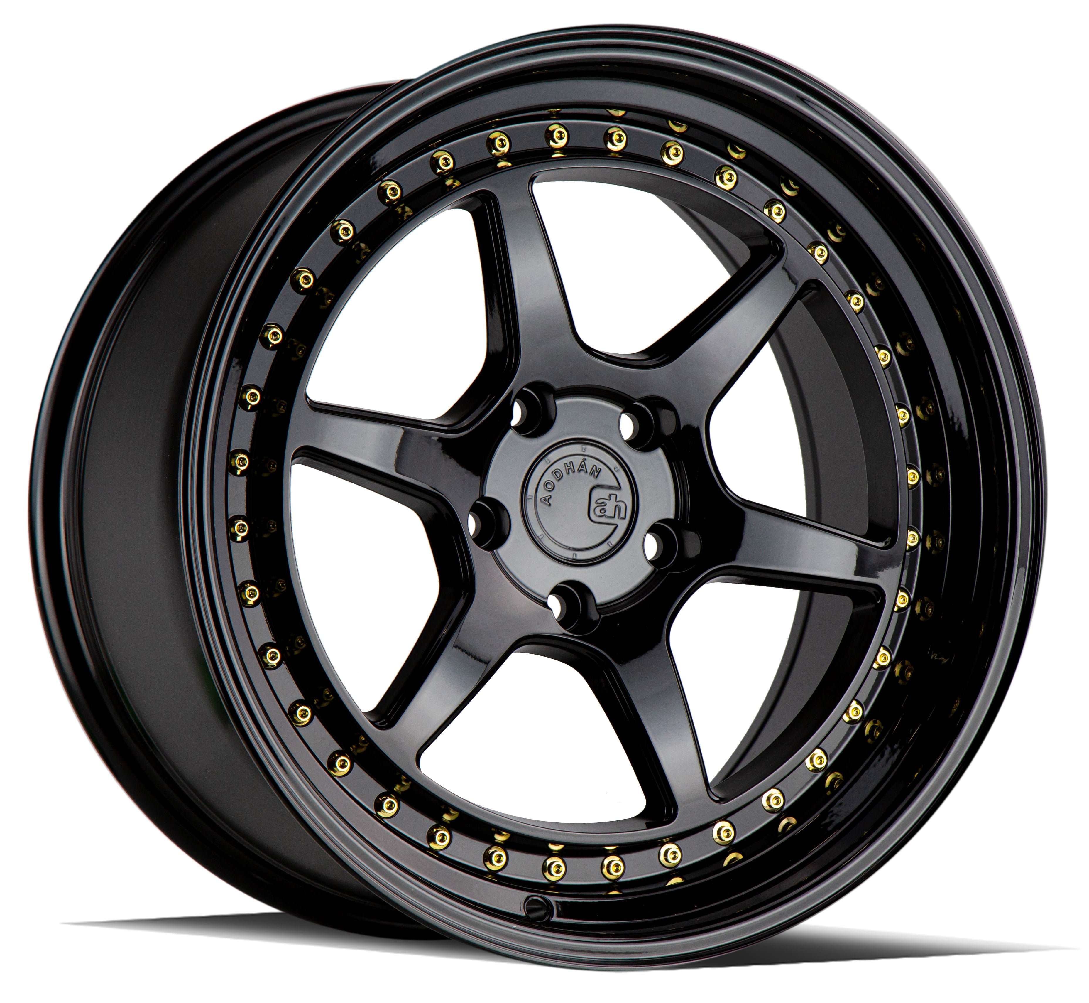 AODHAN DS09 GLOSS BLACK W/GOLD RIVETS DESCRIPTION: 18x10.5 / 5x114.3 / 73.1 / 15
