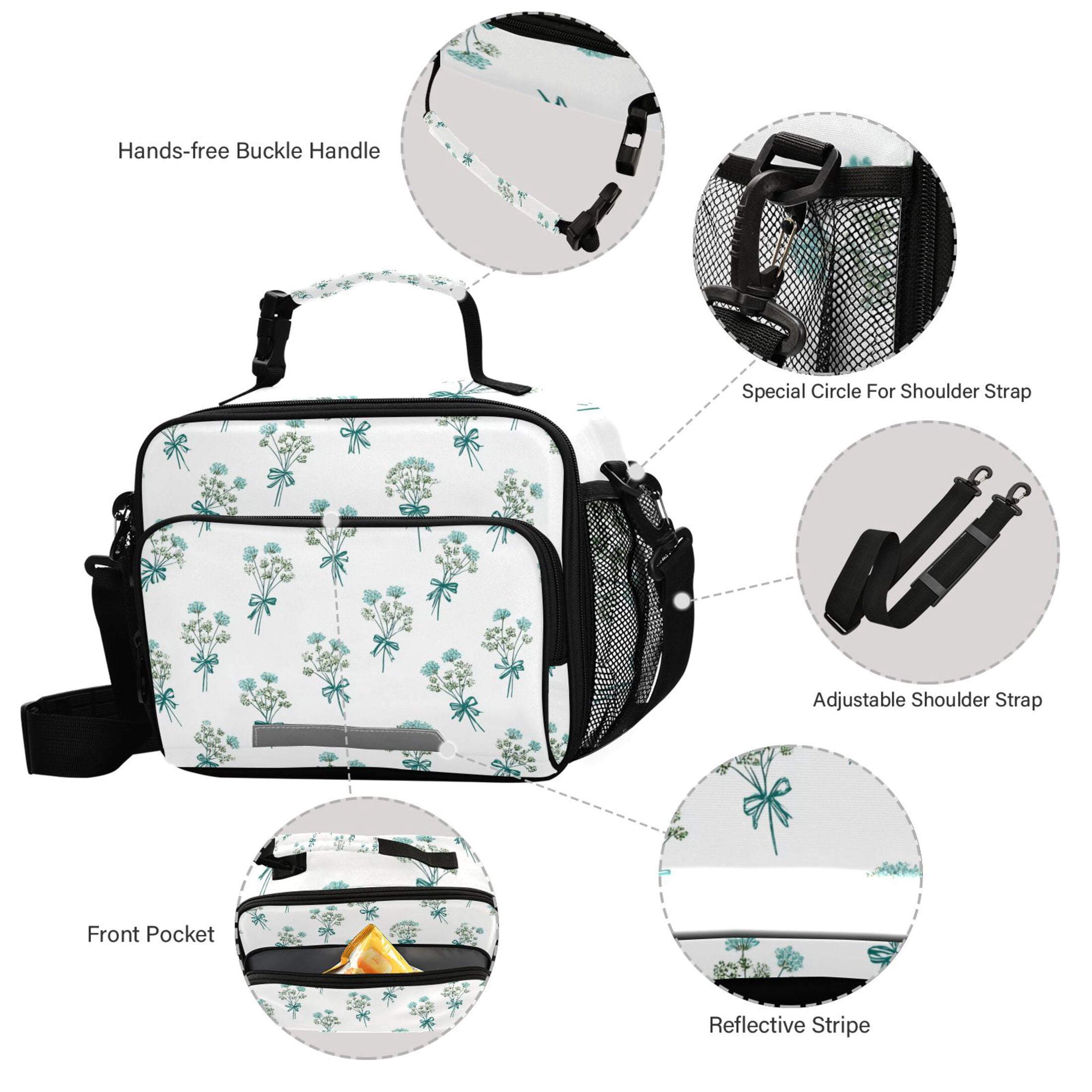 Blue Bowknots Tie on Flowers Insulated Lunch Bag Portable Cooler Bag Mommy Bag Large Capacity 6L