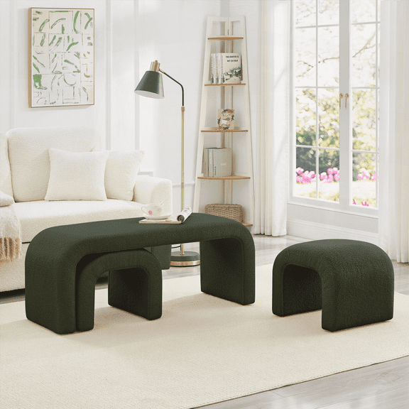 Set of 3 U-Shaped Modern Teddy Ottoman Benches - 44 18 Inch for Entryway, Bedroom, Living Room (Dark Green)