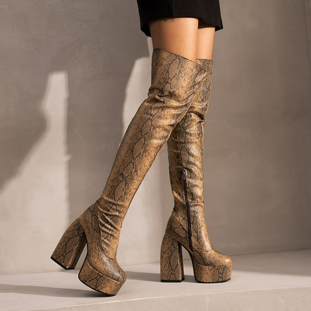 Cameland Bottes Cuissardes d'Hiver pour Femmes à Plateforme Serpentine Patchwork à Talon Ultra Haut