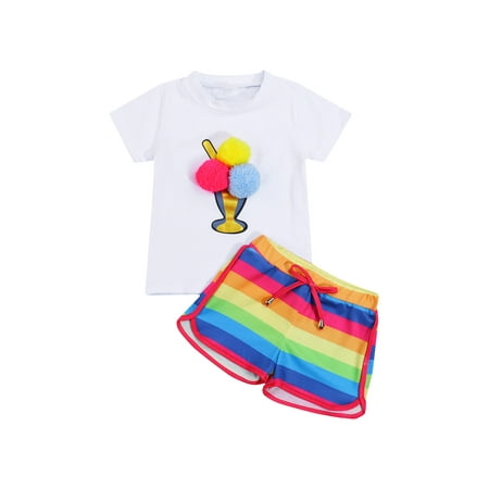 

Toddler Kids Baby Girl Summer Outfits Ice Cream Pom Pom Tops Rainbow Shorts Set