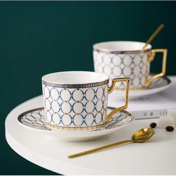 "European style cup and saucer set,7 oz (about198.4 grams) bone china glazed platinum tea cup and saucer (two sets), golden spoon, mug, cappuccino, latte, MOCHA