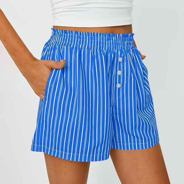 MKLEKYY Pantalones Cortos de Mezclilla para Mujer, Pantalones Cortos de Verano A Rayas con Bolsillos, Informales, Holgados, con Cintura Elástica y Botones
