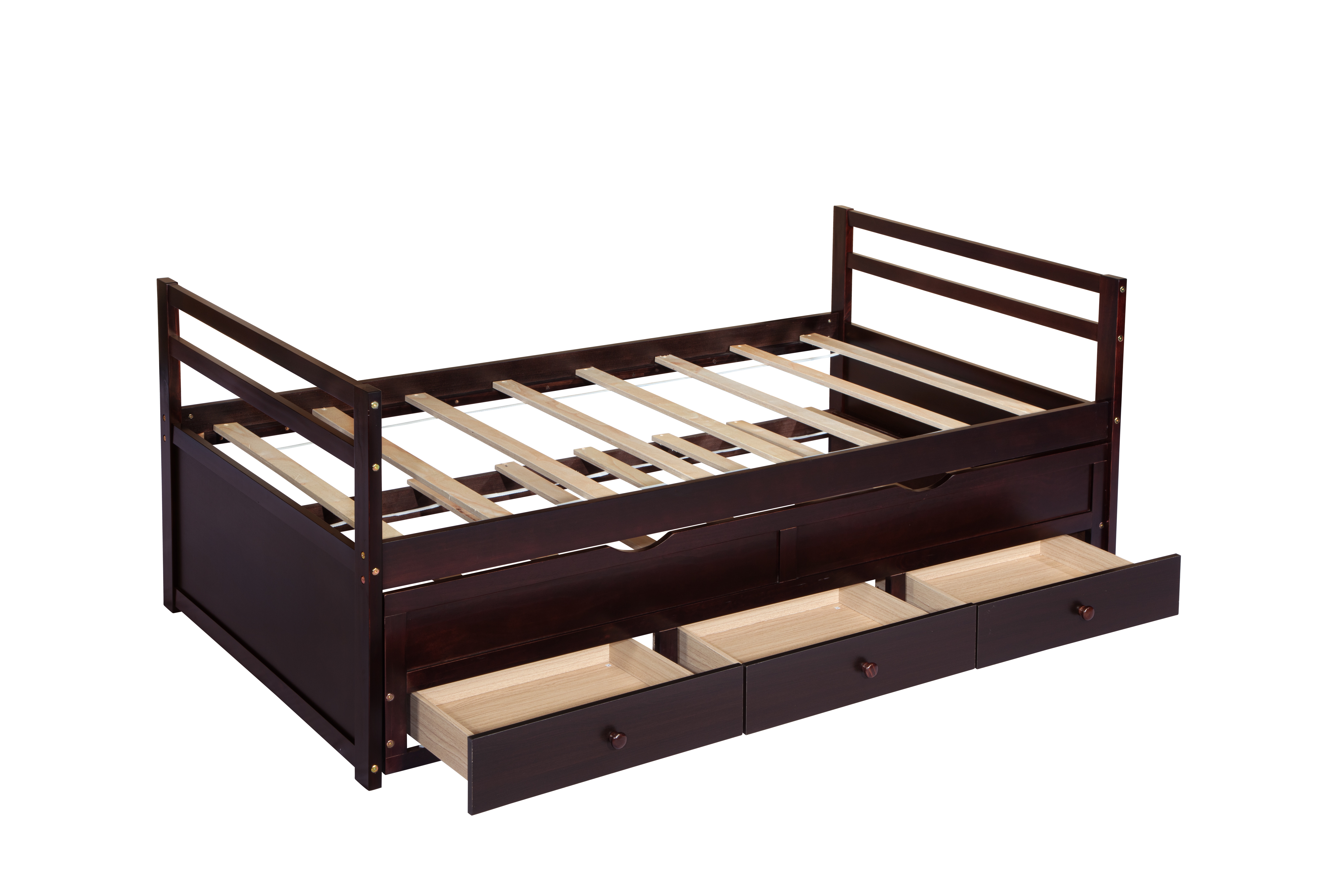 Bellemave House Twin Size Pine Wood and MDF Bed Frame with Trundle, Brown
