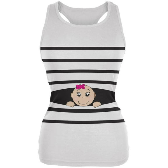 Striped Peeking Baby Girl White Juniors Soft Tank Top - Medium