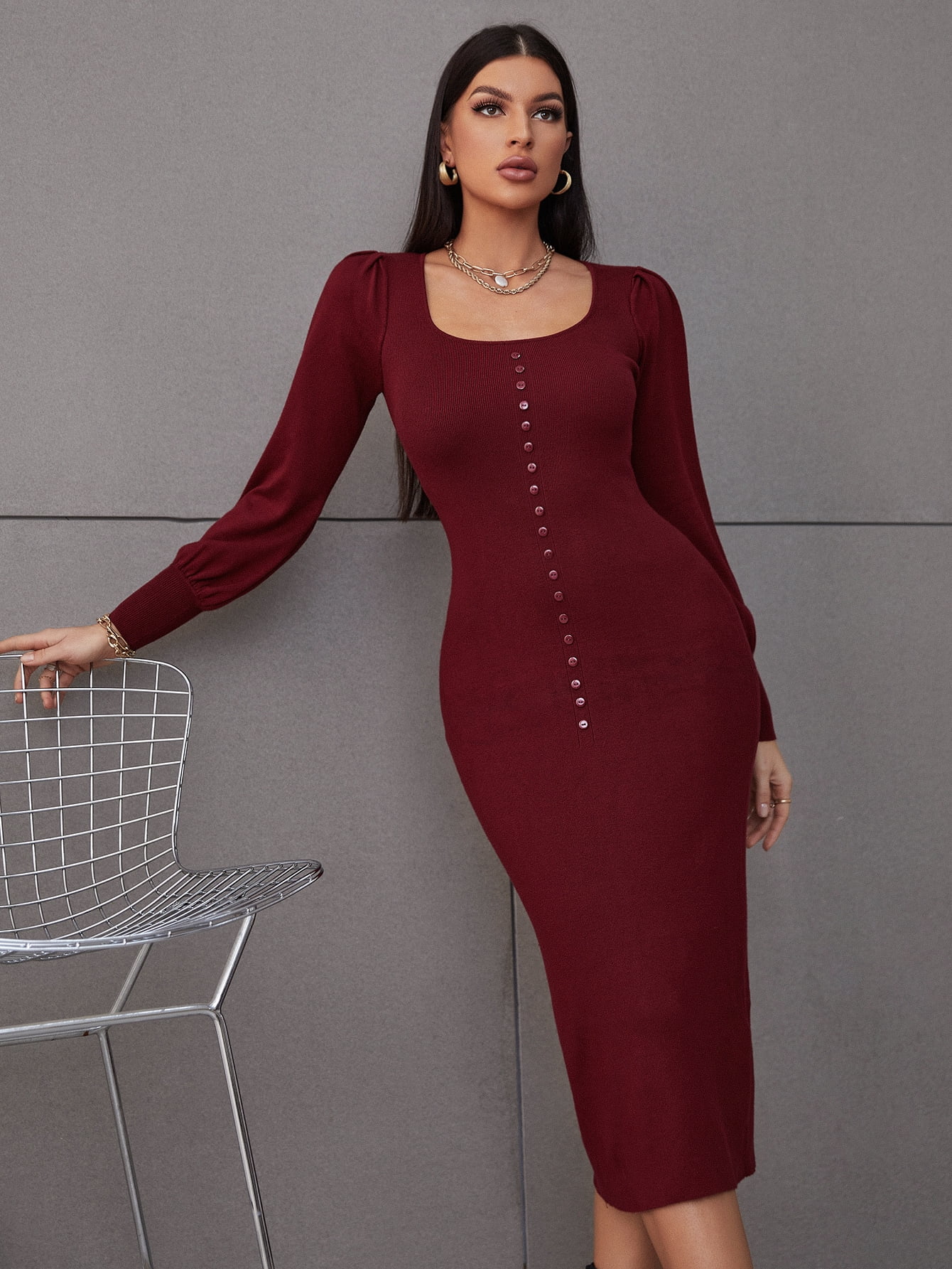 Burgundy Elegant Women's Button Front 