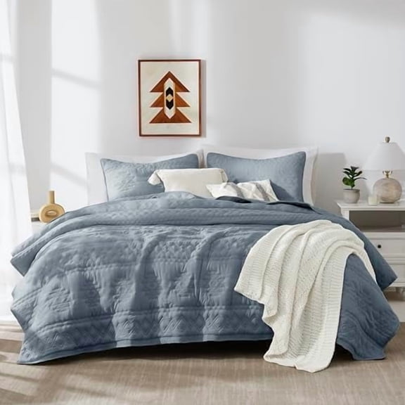 Boho Blue Grey Quilt King Size Bedding Sets with 2 Pillow Shams, Farmhouse Lightweight Soft Bedspread Coverlet for All Season, 3 Pieces, 104x90 inches