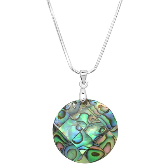 Round Shape Abalone Shell Pendant Necklace Rhodium Plated 17 Inch Snake Chain J0751