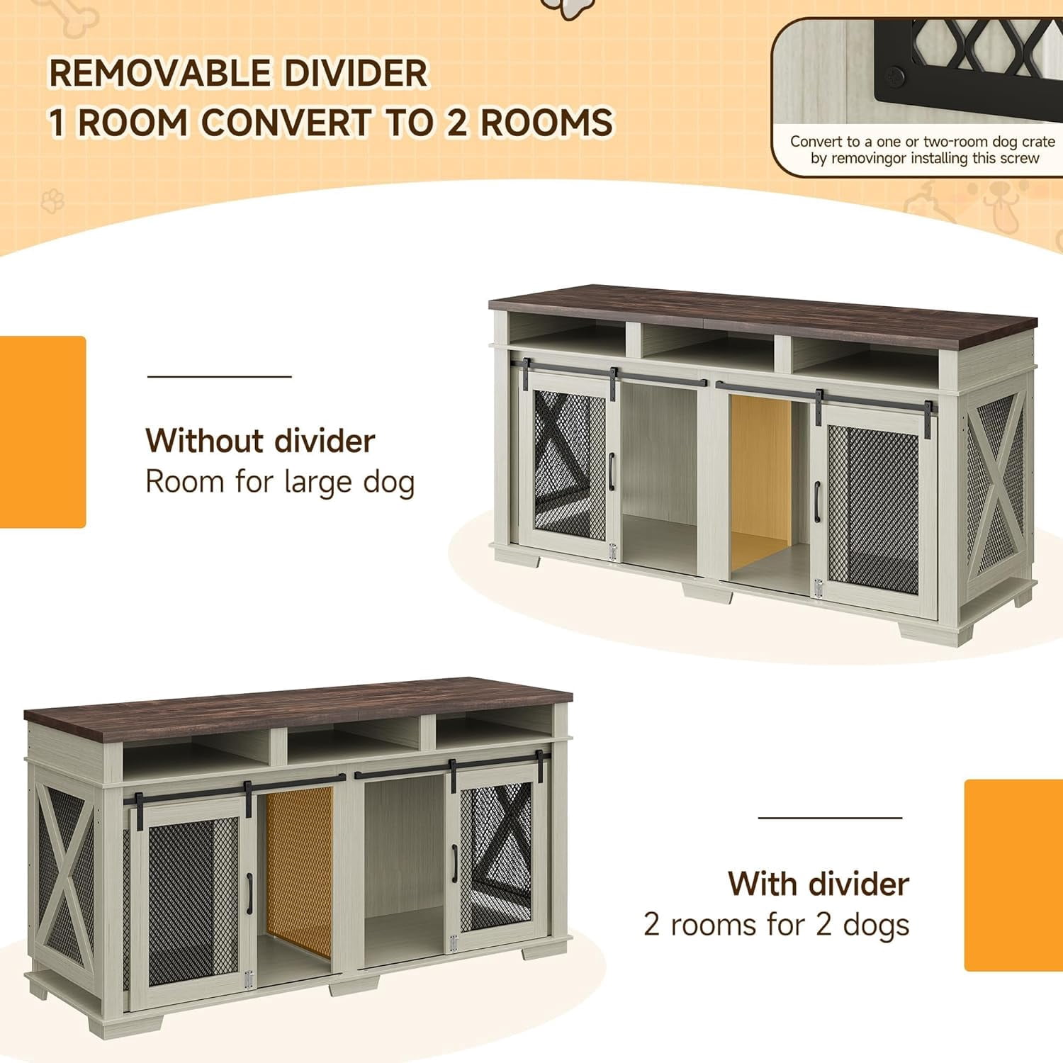 NEILA Dog Crate Furniture - Heavy Duty Dog Kennel with Removable Divider for Large Dog, Versatile Dog House with Sliding Door, Spacious Dog Cage with Storage Cubby for 2 Dogs, White/Dark Walnut