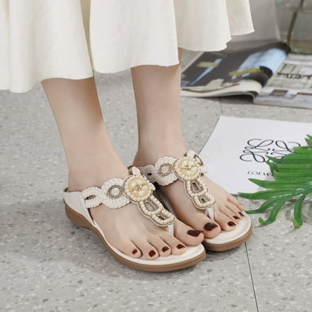 

Vintage Boho Sandals Beach Holiday Shoes Gnobogi Sandals for Women Dressy Summer Women s Summer Sandals Comfortable Round Head Beach Boho Rhinestone Resort Flat Shoes White