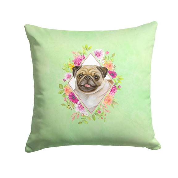 Carolines Treasures CK4334PW1414 Fawn Pug Green Flowers Fabric Decorative Pillow  14Hx14W multicolor