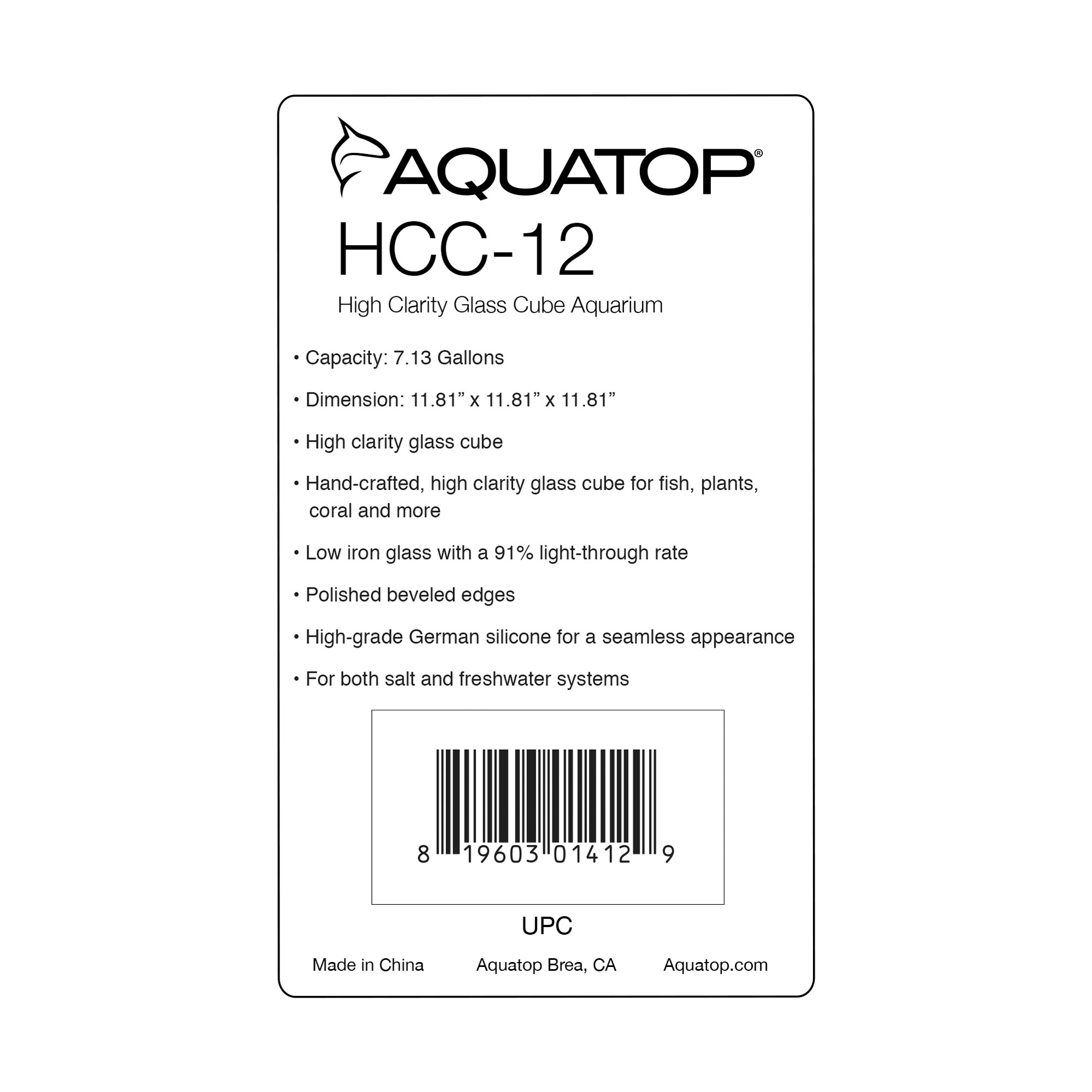 AQUATOP 7.1 Gallon High Clarity Low Iron Glass Cube Aquarium HCC-12