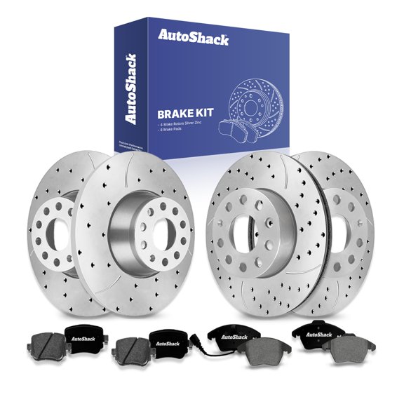 AutoShack Front & Rear Brake Rotors & Premium Pads for Volkswagen, Passat 2015-2020, FWD L4 1.8L 2.0L V6 3.6L - Silver Zinc Coated Drilled & Slotted - SilverShield Pro