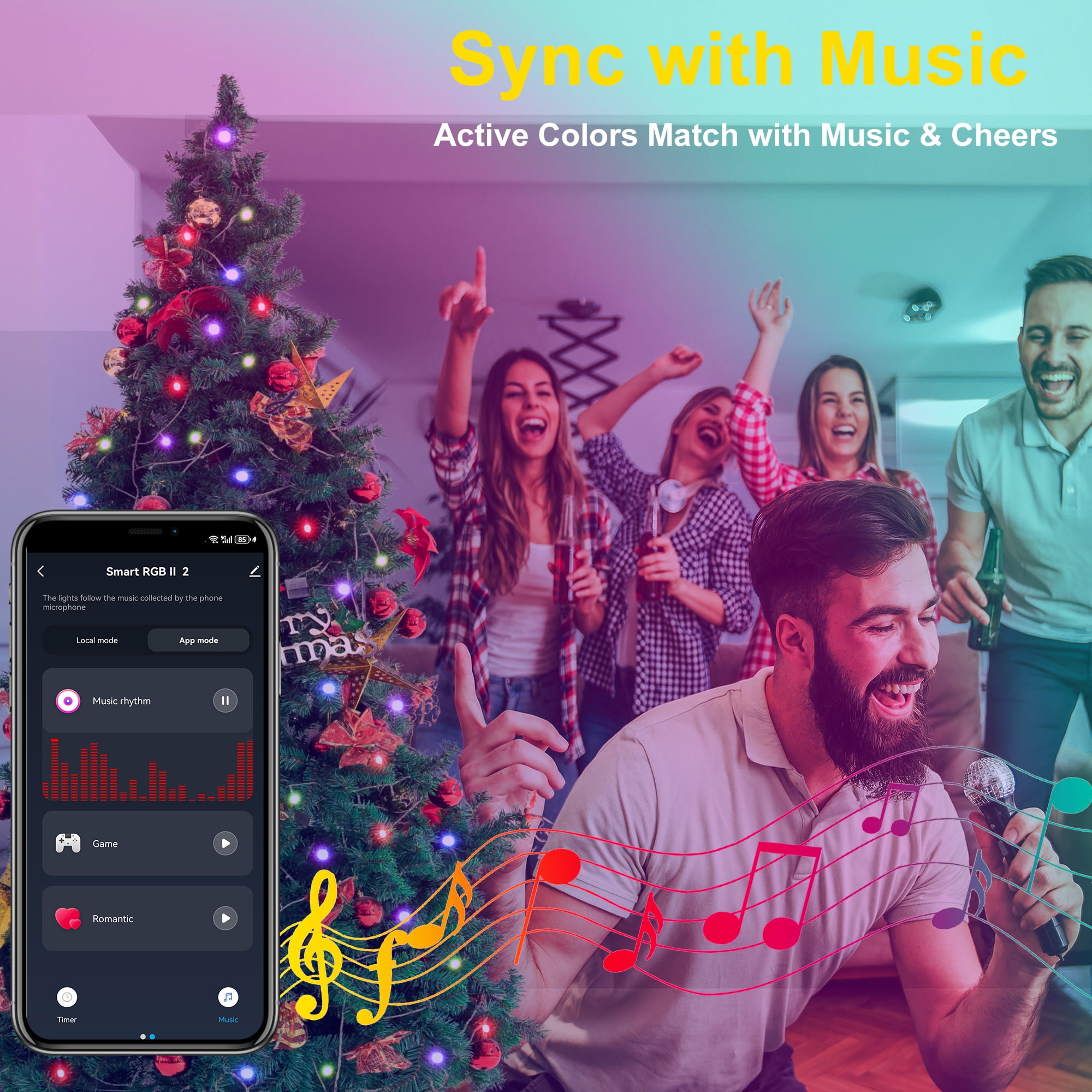 Smart Christmas Lights - 75FT 200 RGB LED String Lights Color Changing by App,Works with Google Home,Music Sync,Timer,Dimmable for Xmas Tree Home Party