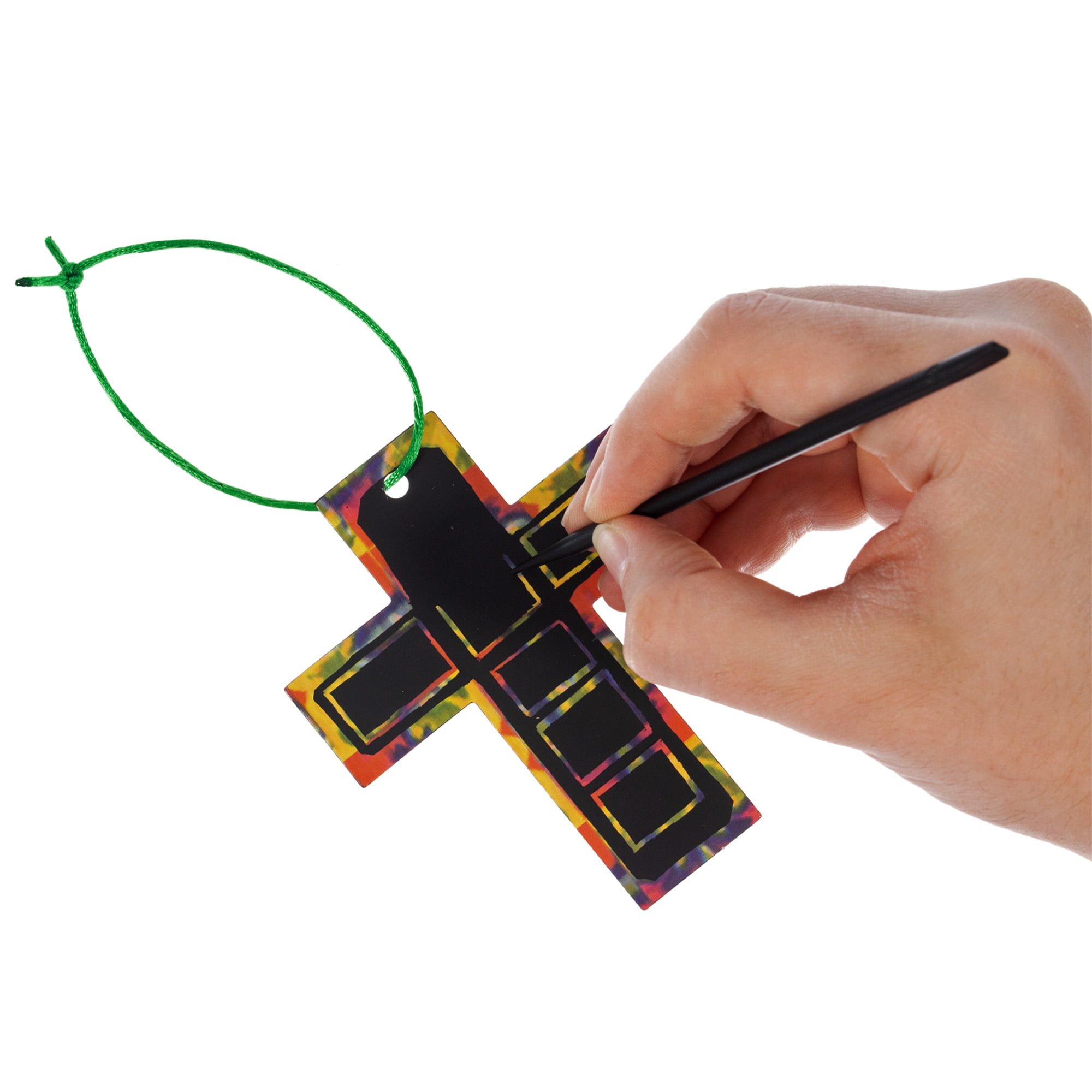 Craft County Magic Color Scratch Cross Projects - 24 Religious Ornament Pack with Ribbon and 12 Scratching Tools - Bright Paper Craft for Kids