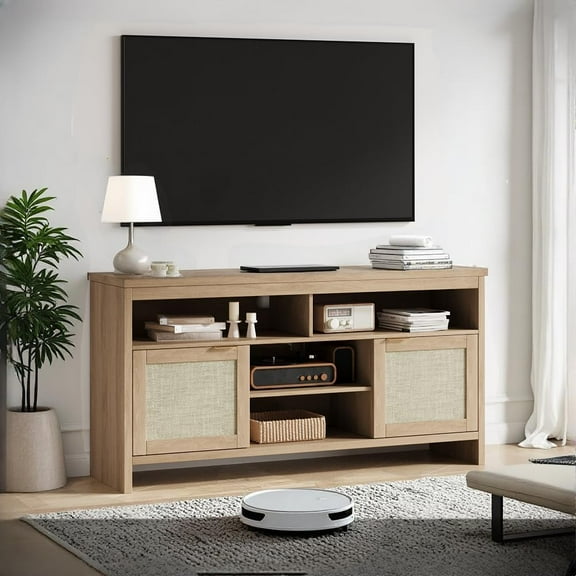 M optimized Rattan TV Stand for TV up to 65", Modern Entertainment Center with Storage Adjustable Shelves, Wooden Media TV Console Cabinet Living Room Bedroom