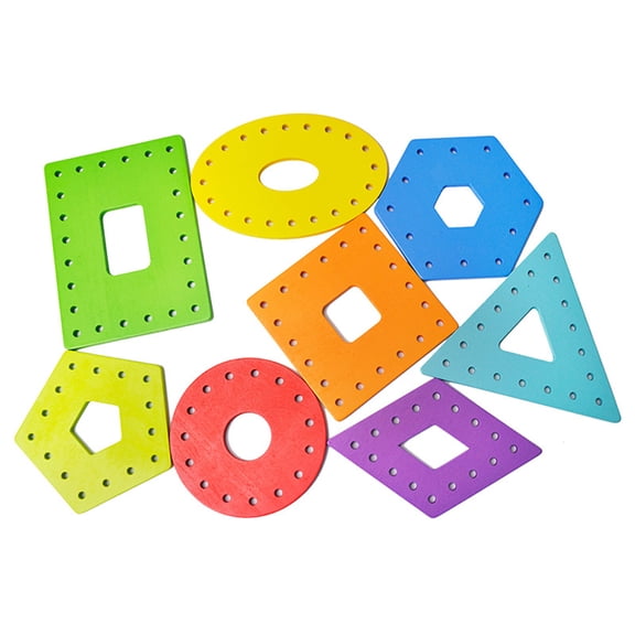Primegos 8Pcs/Set Kids Geometric Shape Threading Toy Fine Motor Skills Preschool Learning Toddlers Boys Girls Educational Wooden Shape Board Block Lacing Game