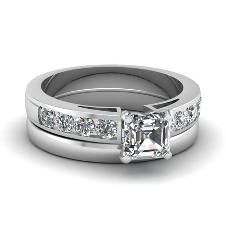 1 Carat Asscher Cut Diamond Timeless Channel Set Engagement Ring with Plain Wedding Band In 14K White Gold GIA