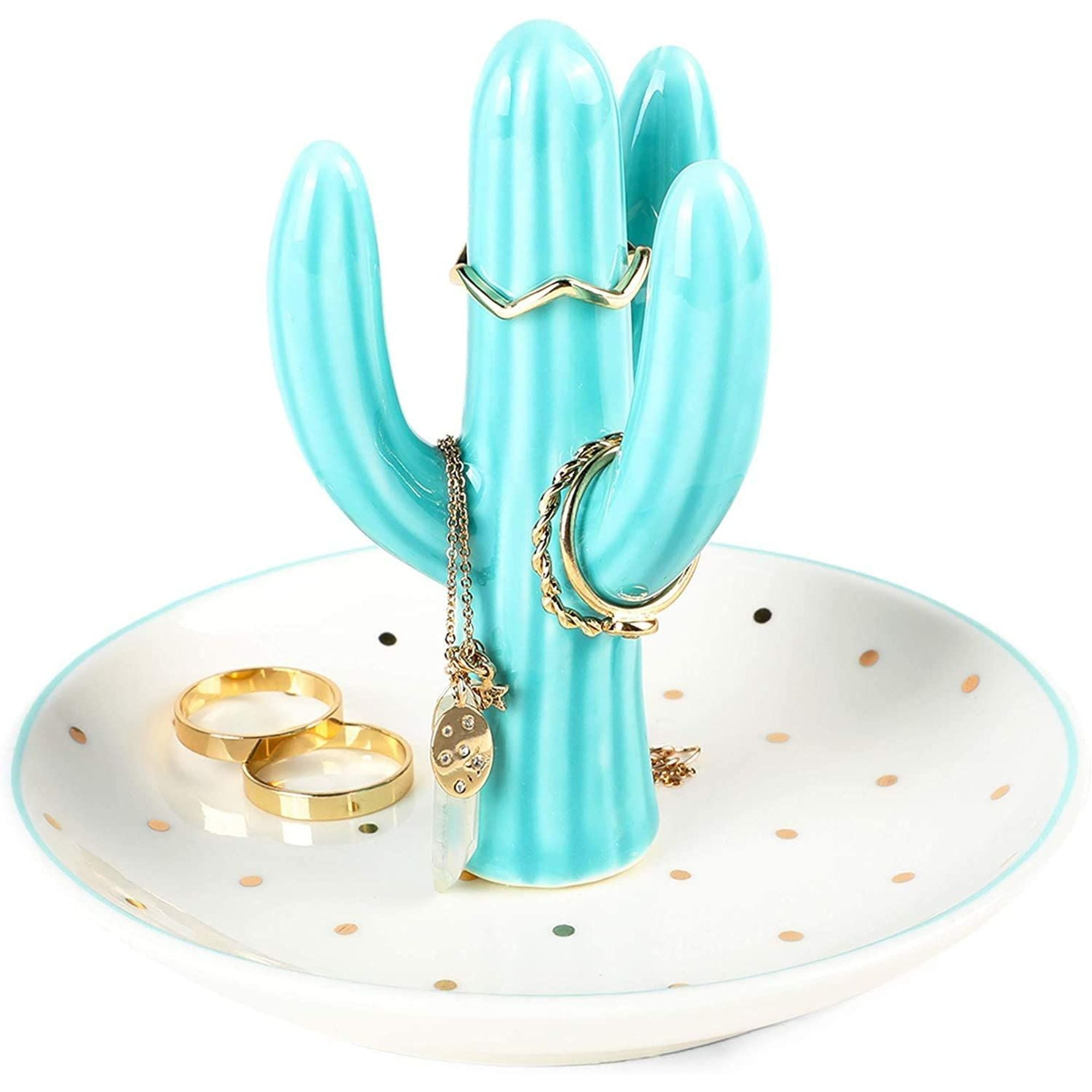 Owlgift Cactus Ring Holder Earring Trinket Tray Green Cactus Ceramic Dish for Jewelry Succulent Bracelet Storage Necklace Organizer Display