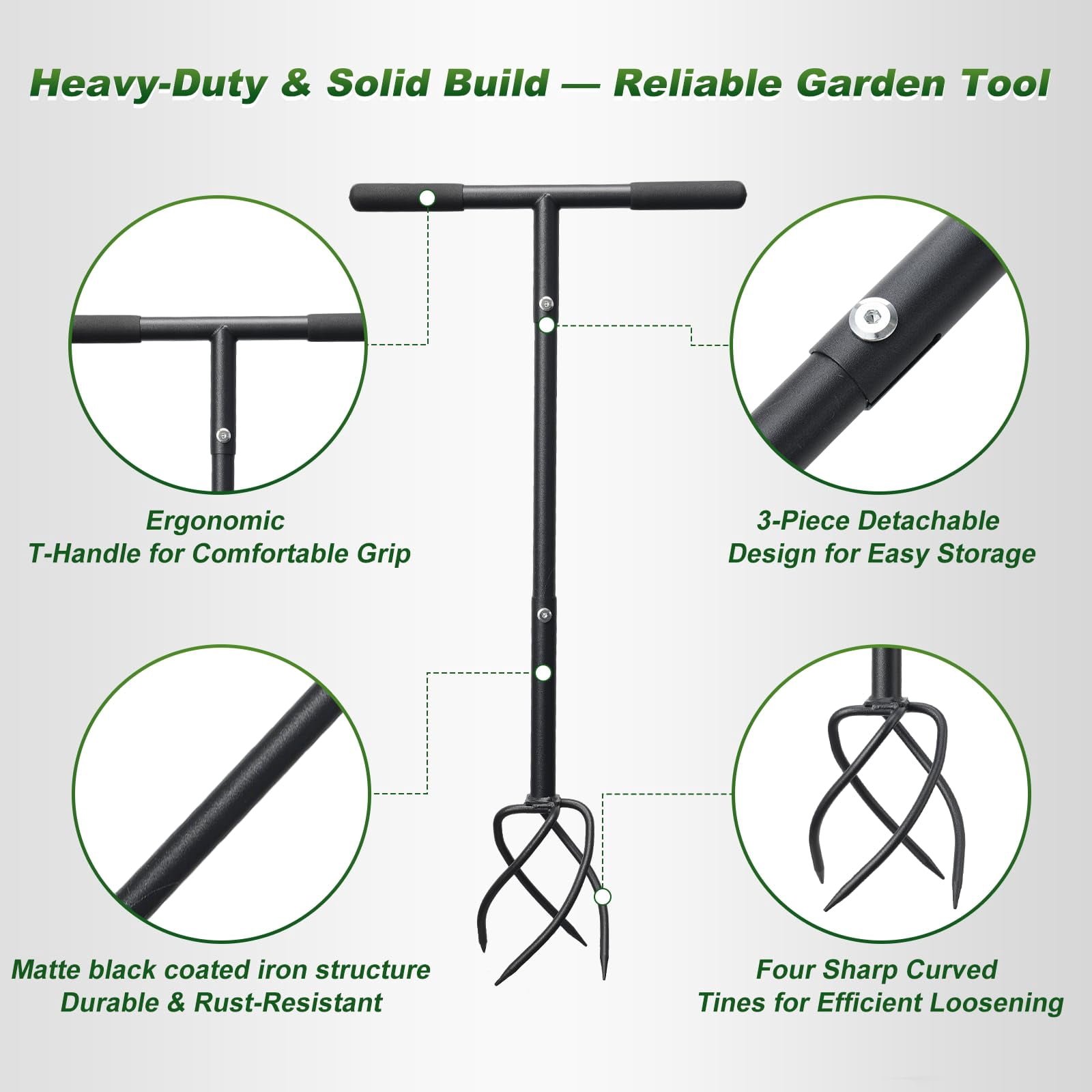 FLY HAWK Hand Tiller &  Cultivator with 4 Curved Claws for Gardening Weeding Garden Box, 34in Garden Tool, Black